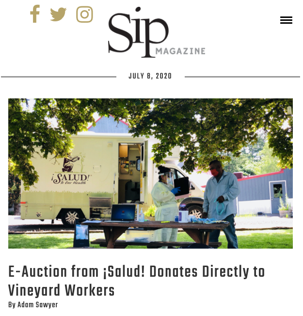 Sip Magazine. July 8, 2020, E-Auction from ¡Salud! Donates Directly to Vineyard Workers by Adam Sawyer