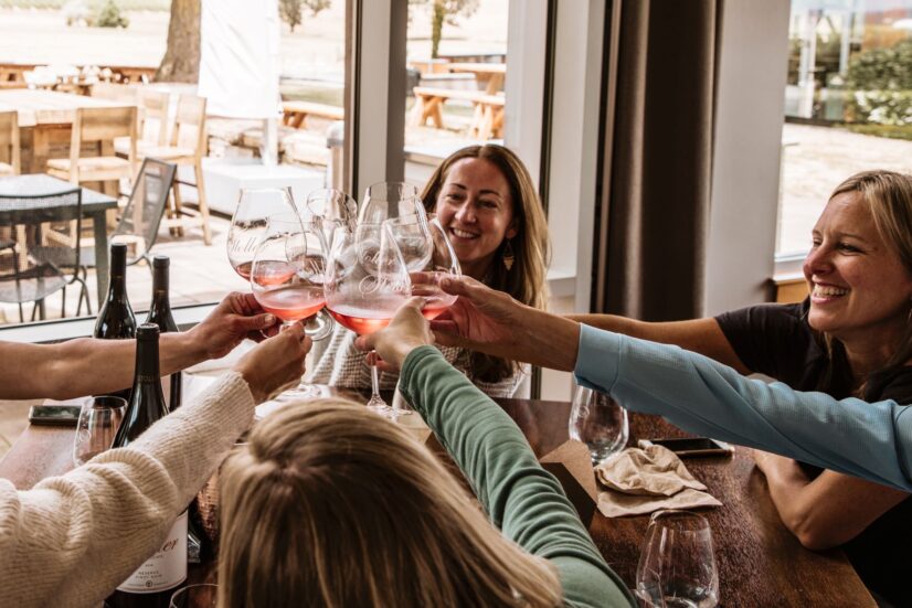 group of people with wine glasses toasting